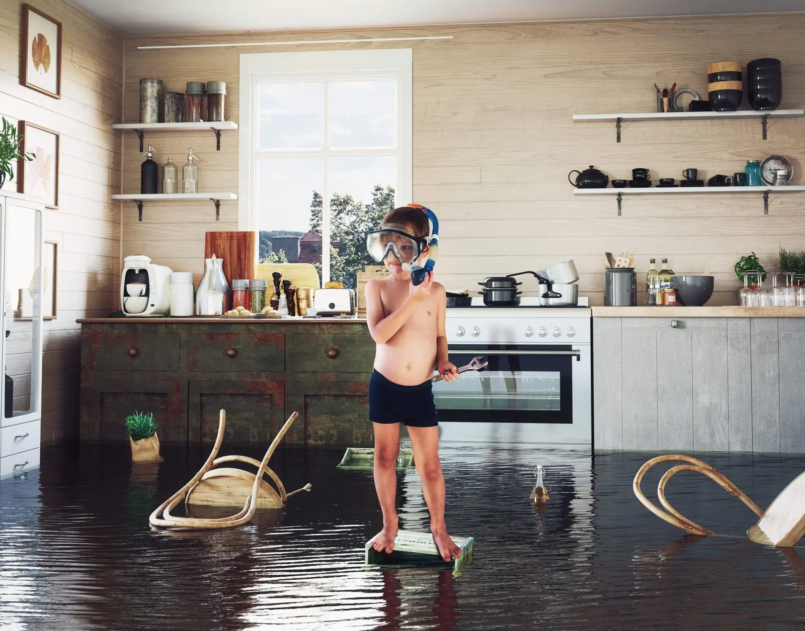 Water flooding a residential kitchen